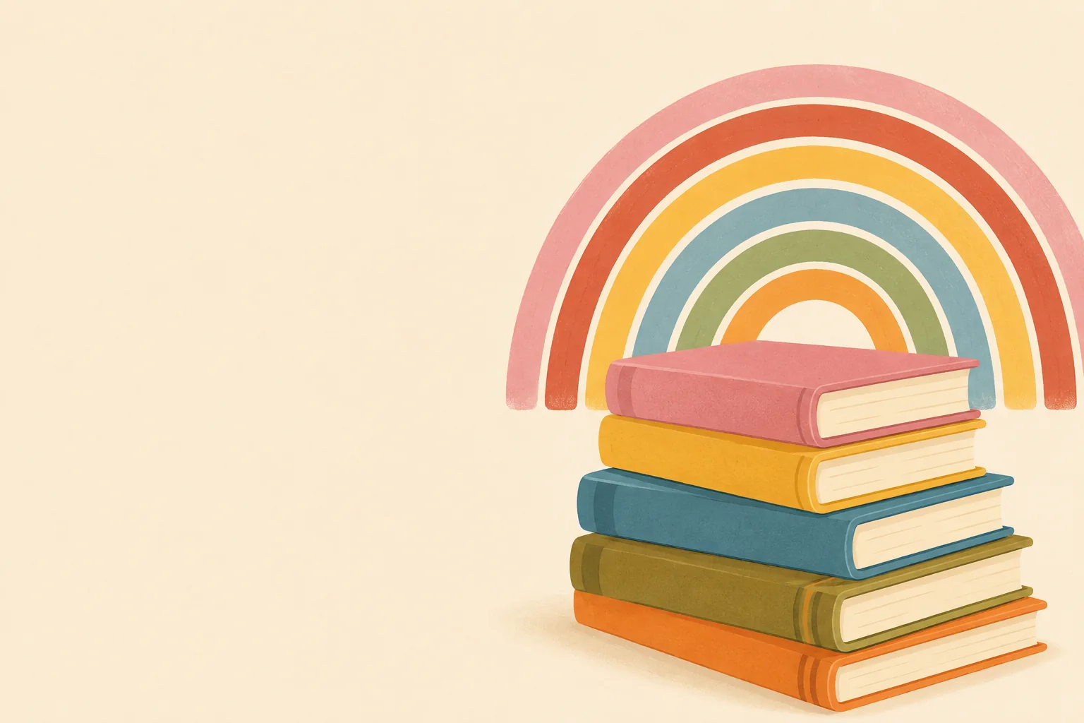 A stack of colourful children's reading books under a soft rainbow